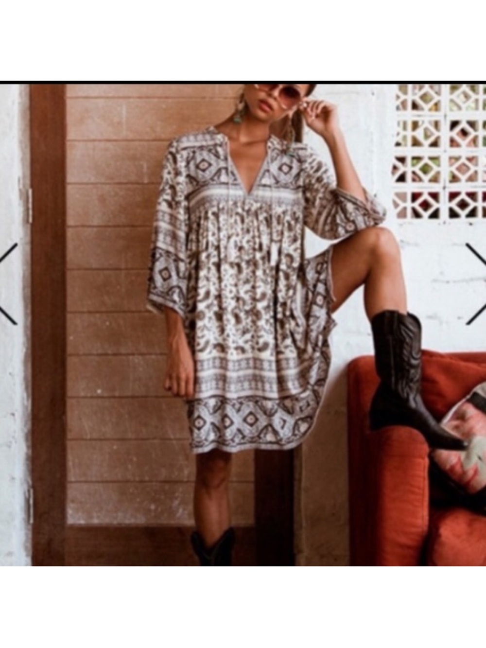 Spell Boho Paisley Mini Dress in Beige and Brown